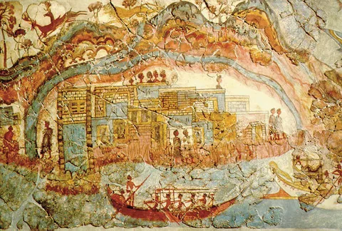 Bronze Age Akrotiri fresco showing ships and a coastal settlement