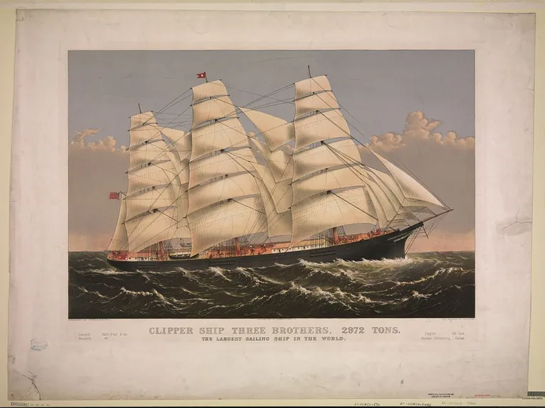 1875 lithograph of the clipper ship Three Brothers under sail