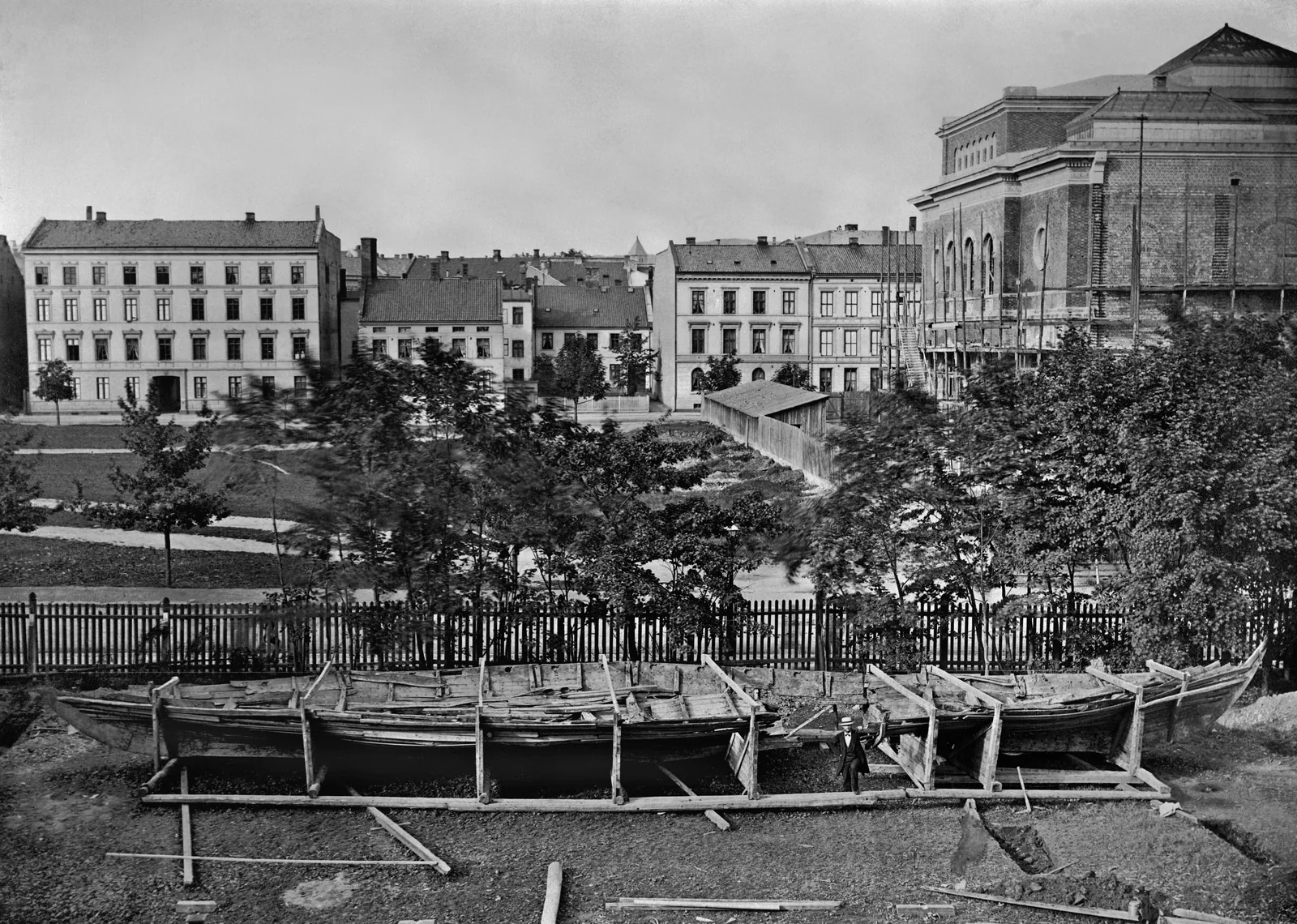 Historic photograph of the ninth-century Gokstad ship displayed in Oslo
