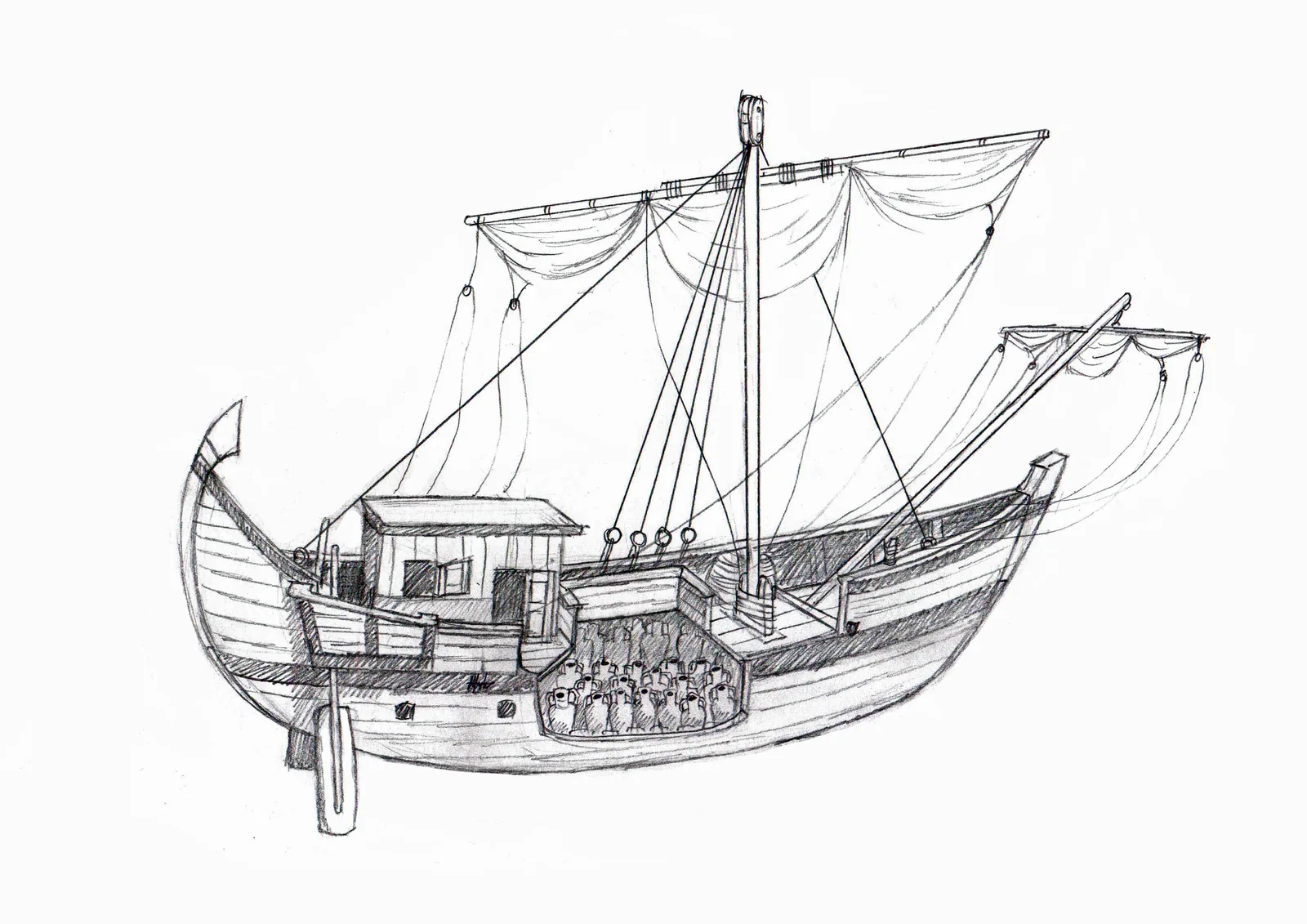 Diagram of a Roman merchant ship carrying transport amphorae